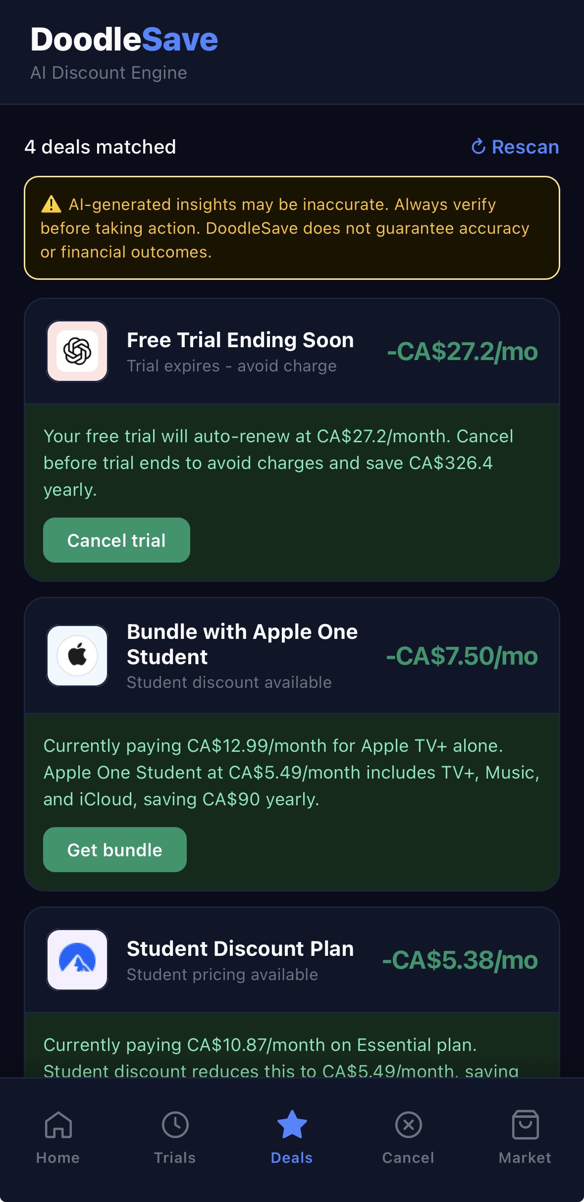 DoodleSave deals tab showing matched savings opportunities