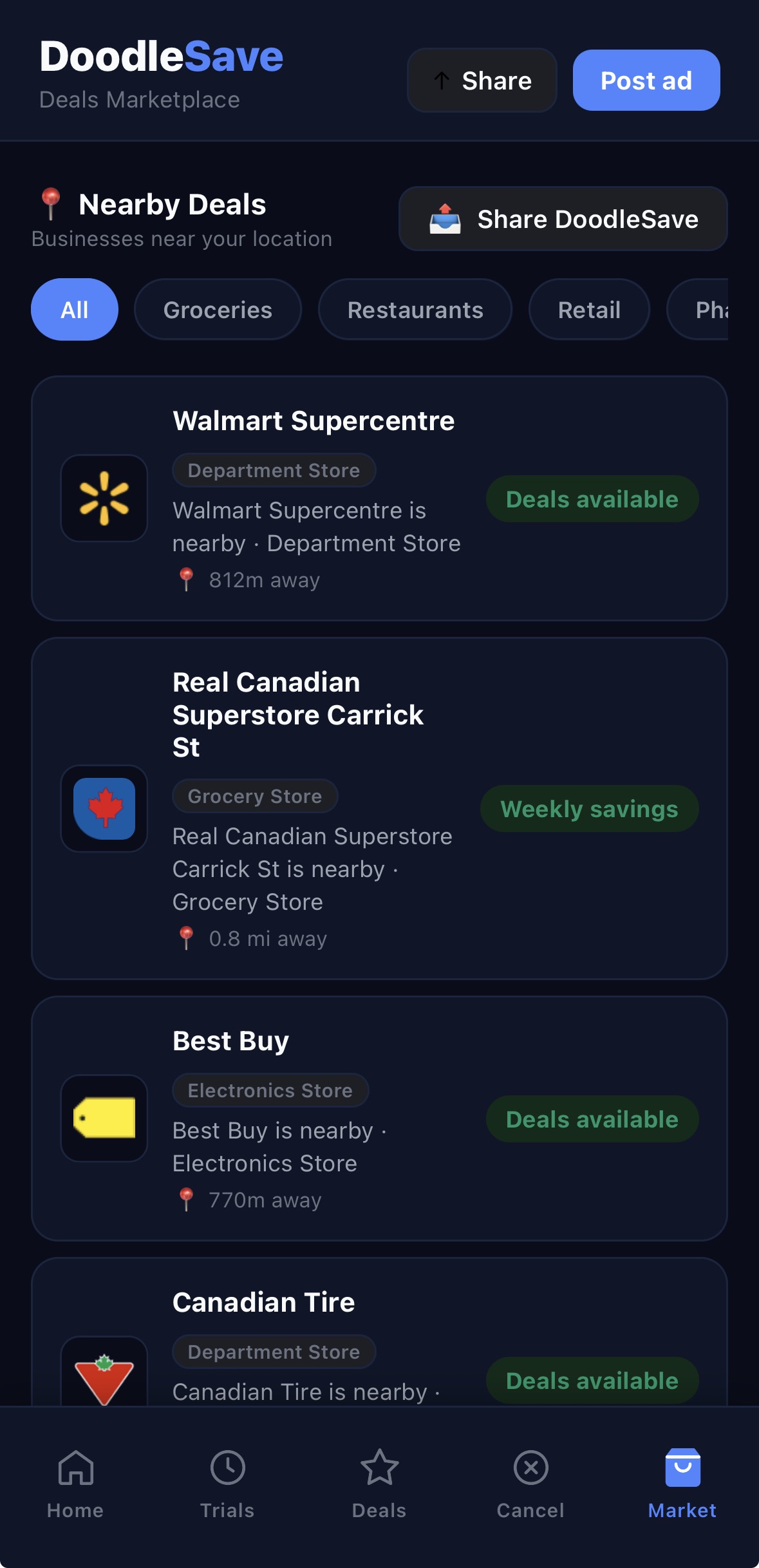 DoodleSave market tab showing nearby deals marketplace listings